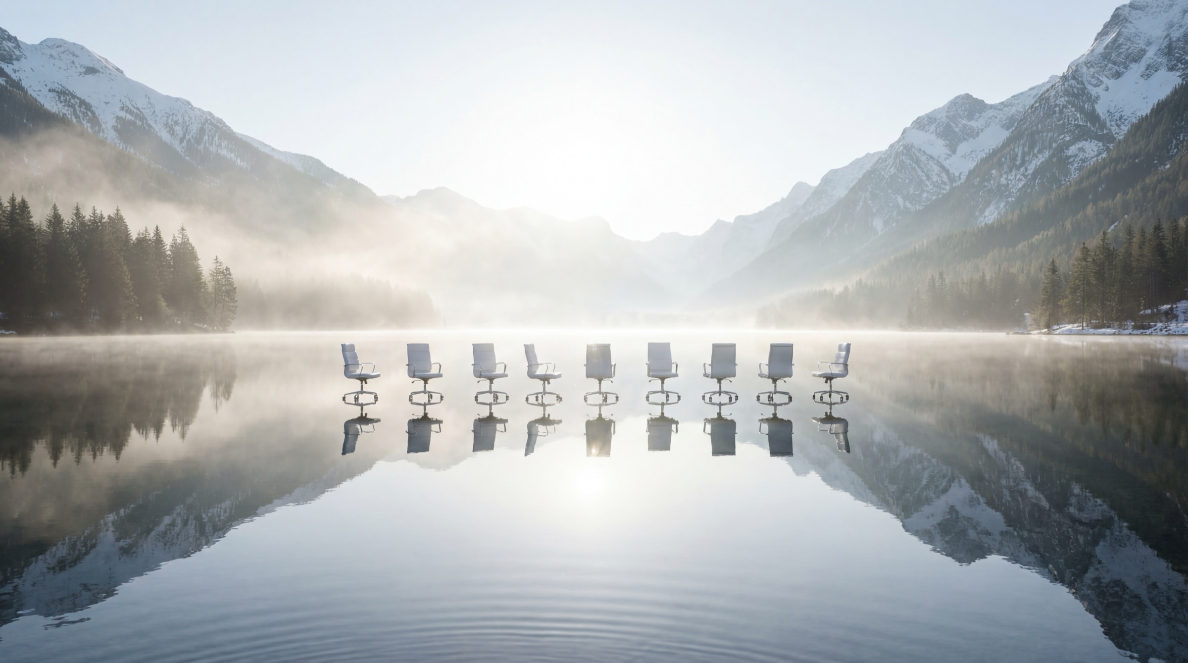 Office chairs in a misty mountain lake