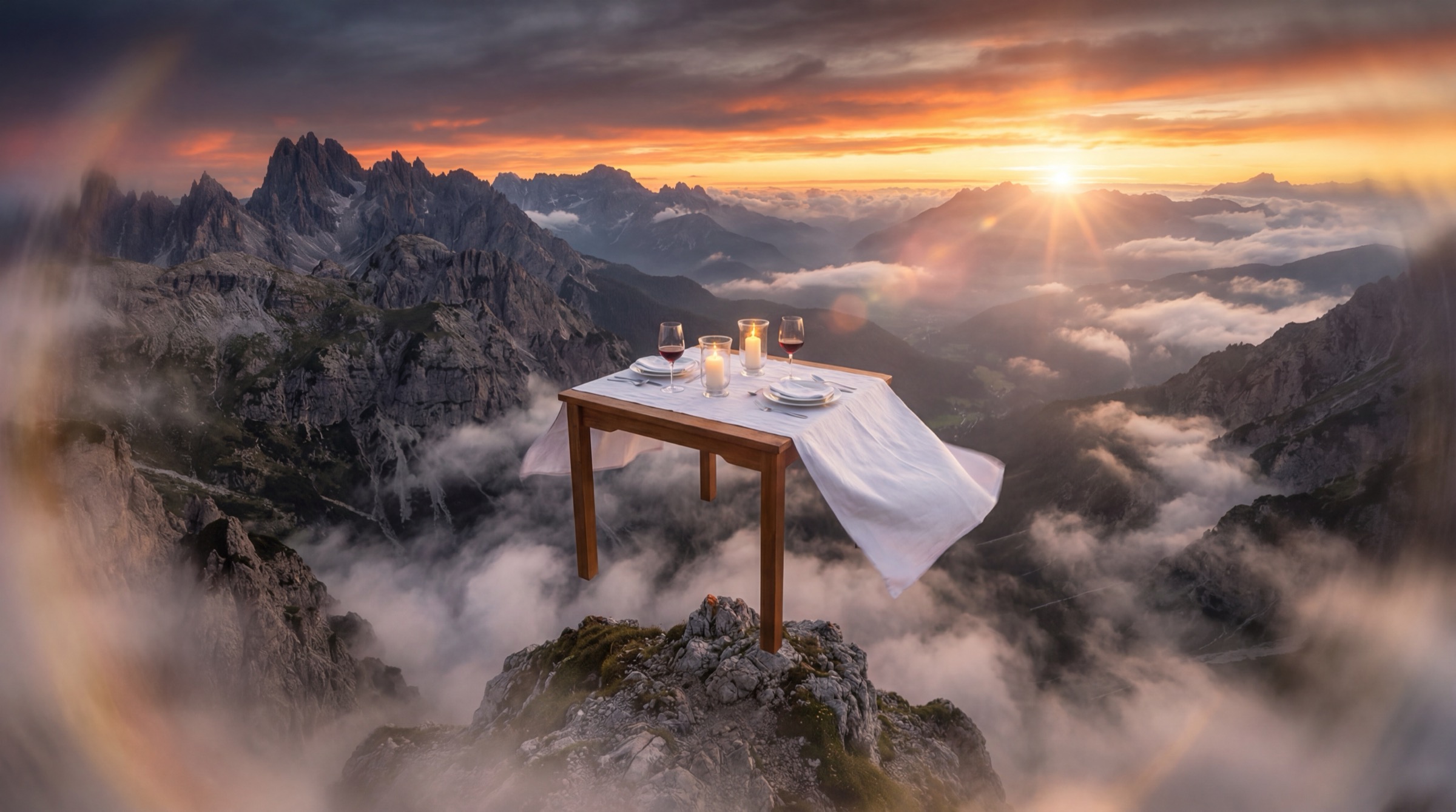 Elegant dinner table on a mountain peak at sunset