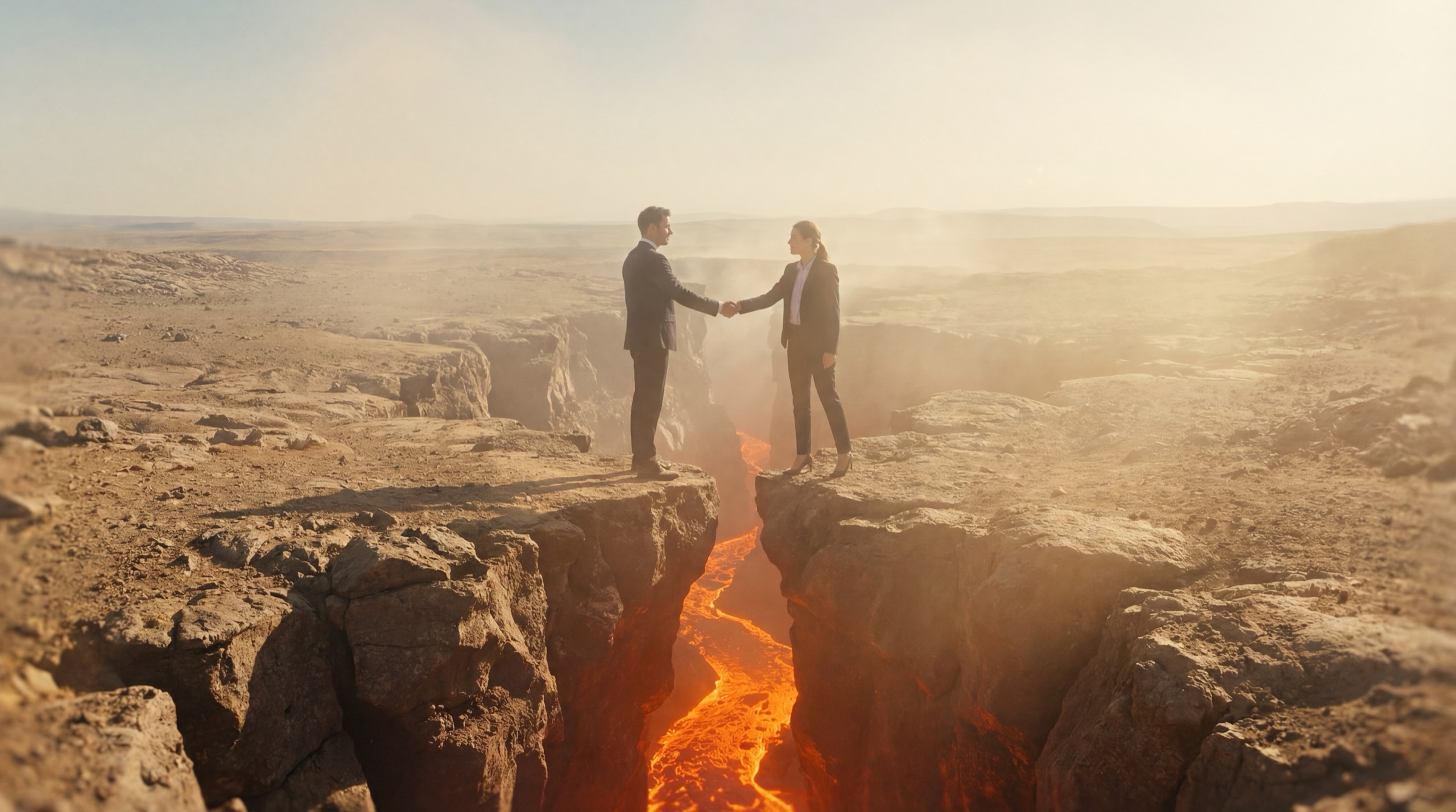 Two people shaking hands across a lava canyon