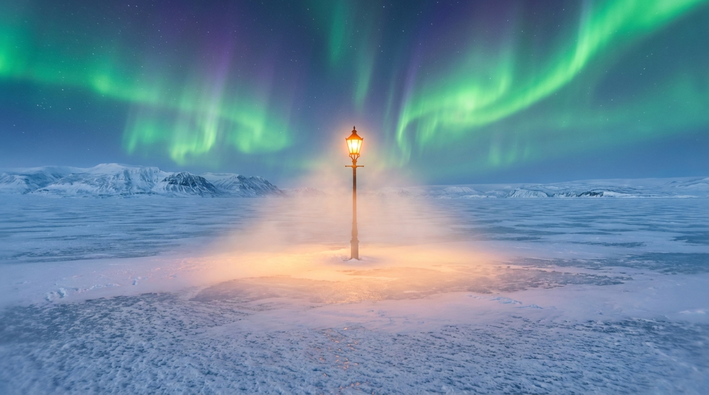Ornate lantern glowing on an icy plain under the northern lights