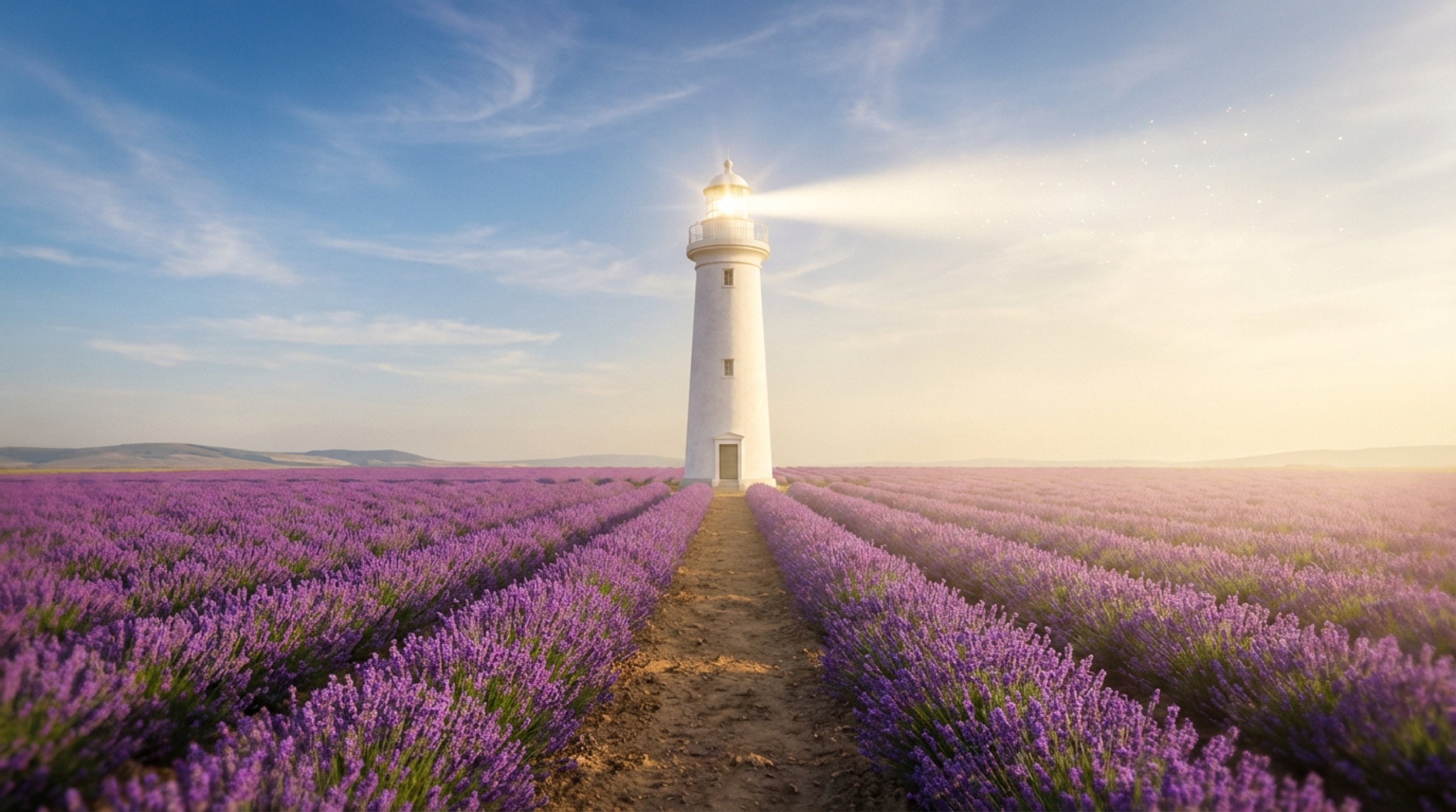 A lighthouse standing in a lavender field
