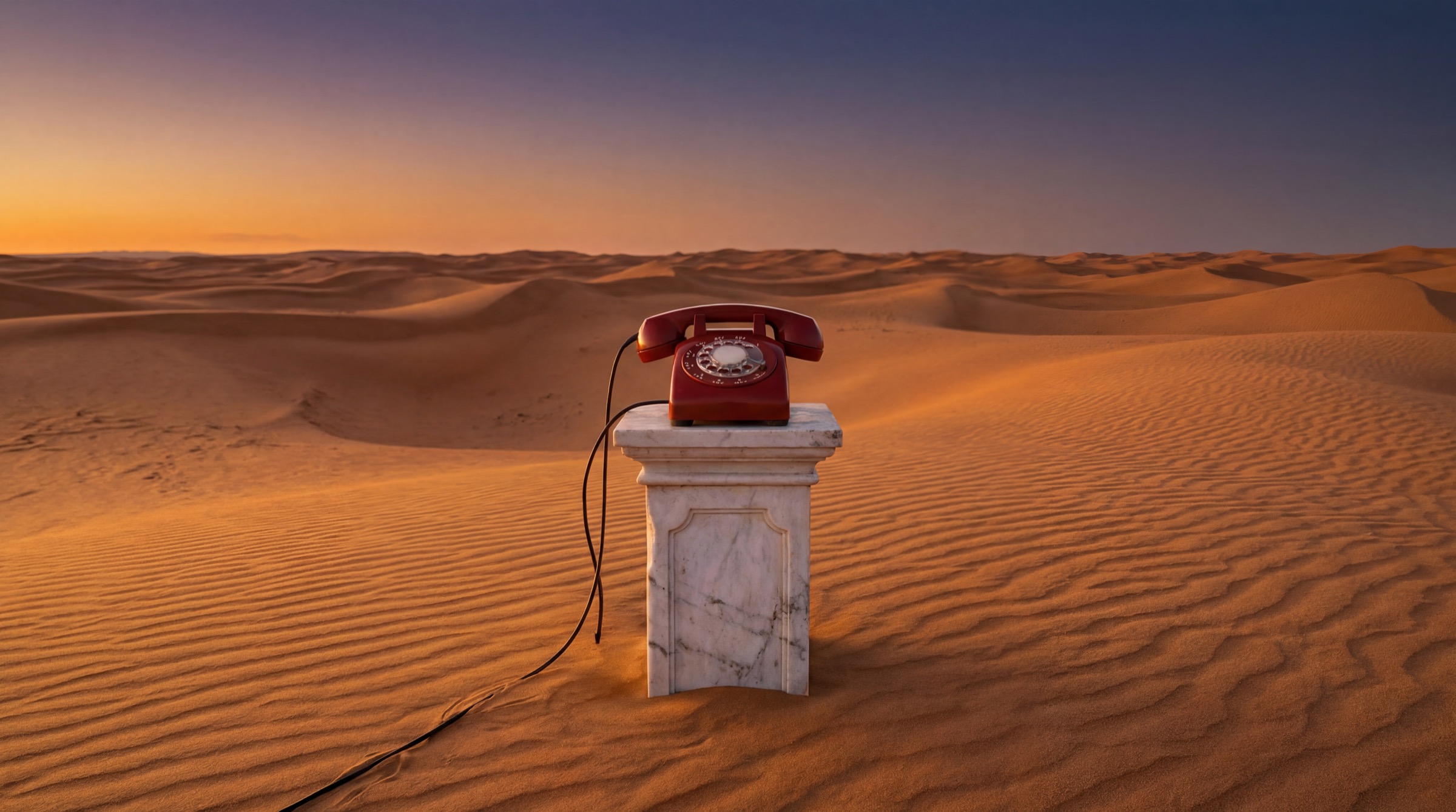 A red rotary phone on a pedestal in the desert