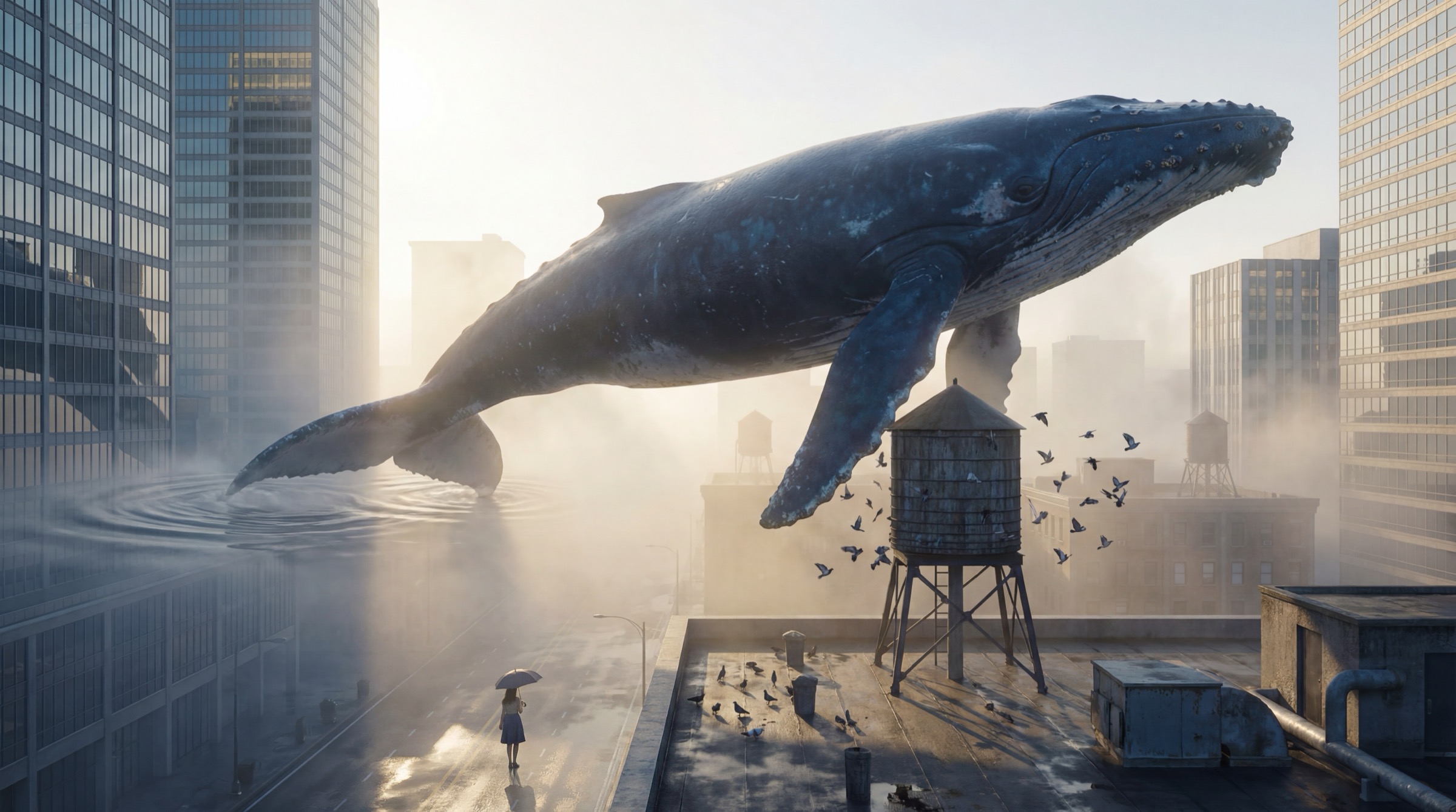 A whale soaring between city buildings