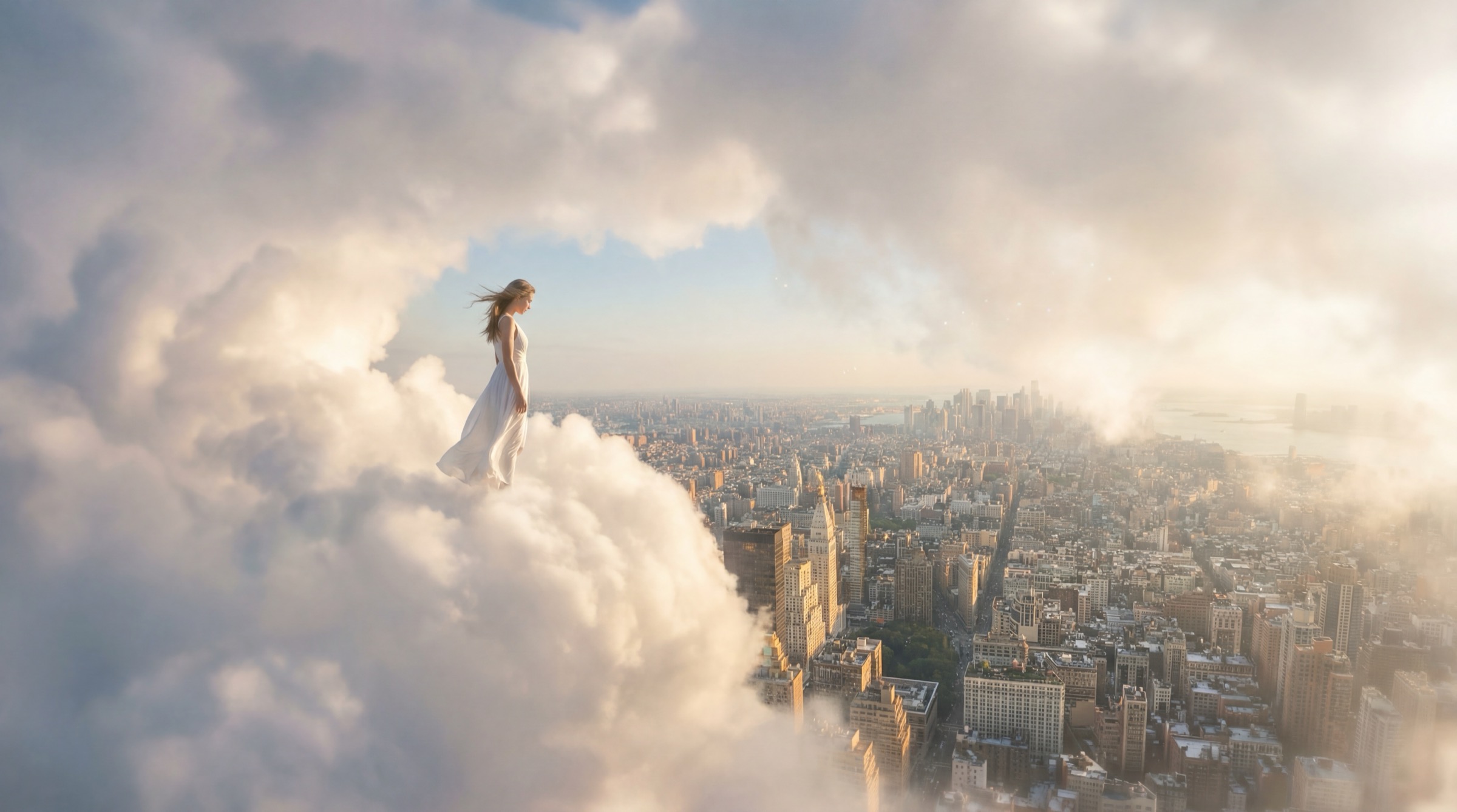 Woman standing on clouds above a city skyline